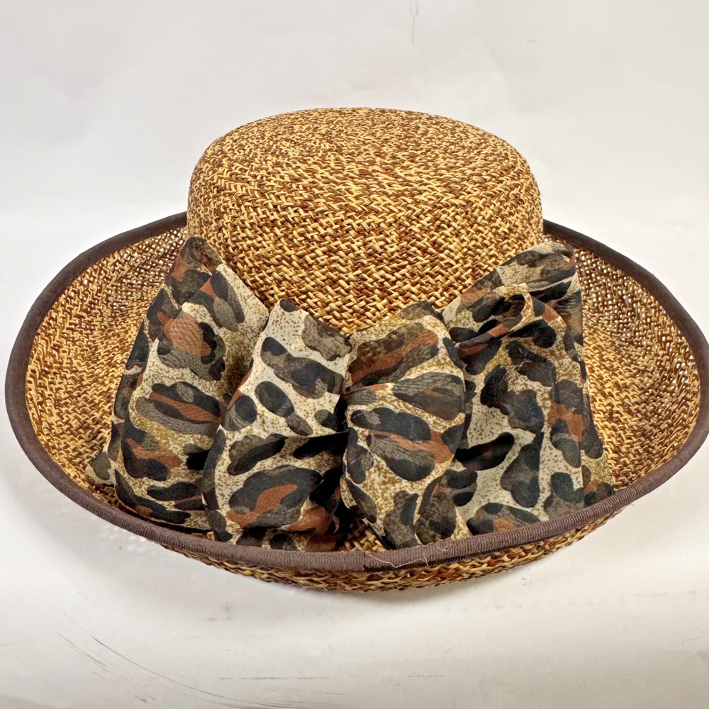 Vintage Sonni San Francisco Straw Hat Leopard Bow Wide Brim Made USA MINT